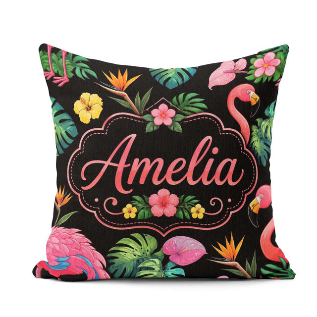 Custom Name Tropical Flamingo Bird Exotic Flowers Leaves Pattern Square Filled Cushion Throw Pillow Sofa Bed Home Decor Zip Washable UK Made