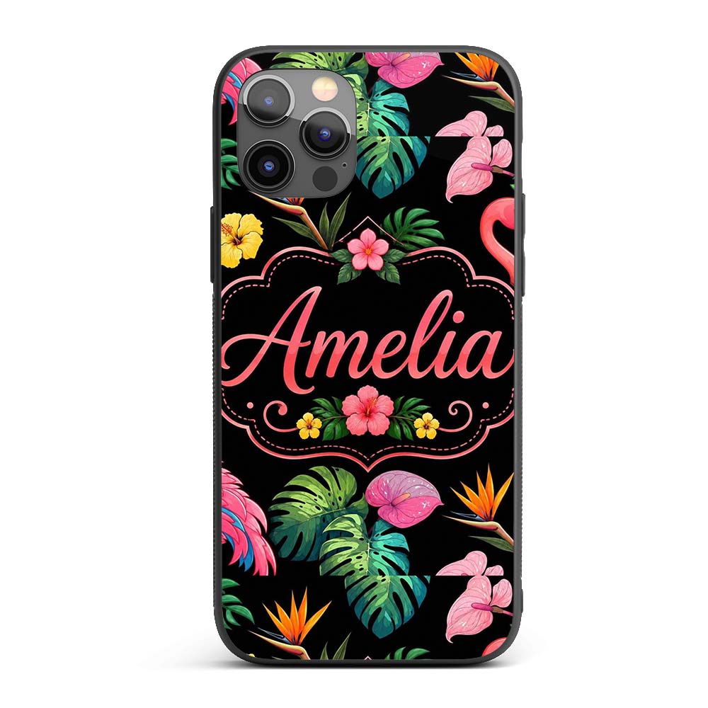 Tropical Flamingo Bird with Exotic Flowers Leaves Custom Name Protective Phone Case Mobile Cover Durable Everyday Smartphone Shock Resistant