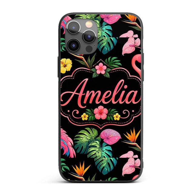 Tropical Flamingo Bird with Exotic Flowers Leaves Custom Name Protective Phone Case Mobile Cover Durable Everyday Smartphone Shock Resistant