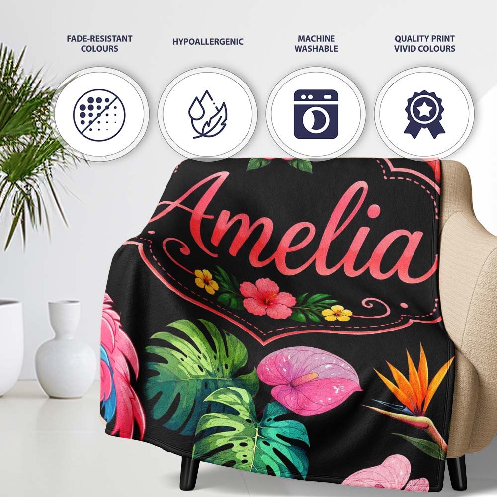 Tropical Flamingo Bird with Exotic Flowers Leaves Pattern Black  Personalised Custom Name Super Soft Fleece Blanket Bed Sofa Throw