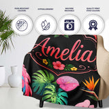 Tropical Flamingo Bird with Exotic Flowers Leaves Pattern Black  Personalised Custom Name Super Soft Fleece Blanket Bed Sofa Throw