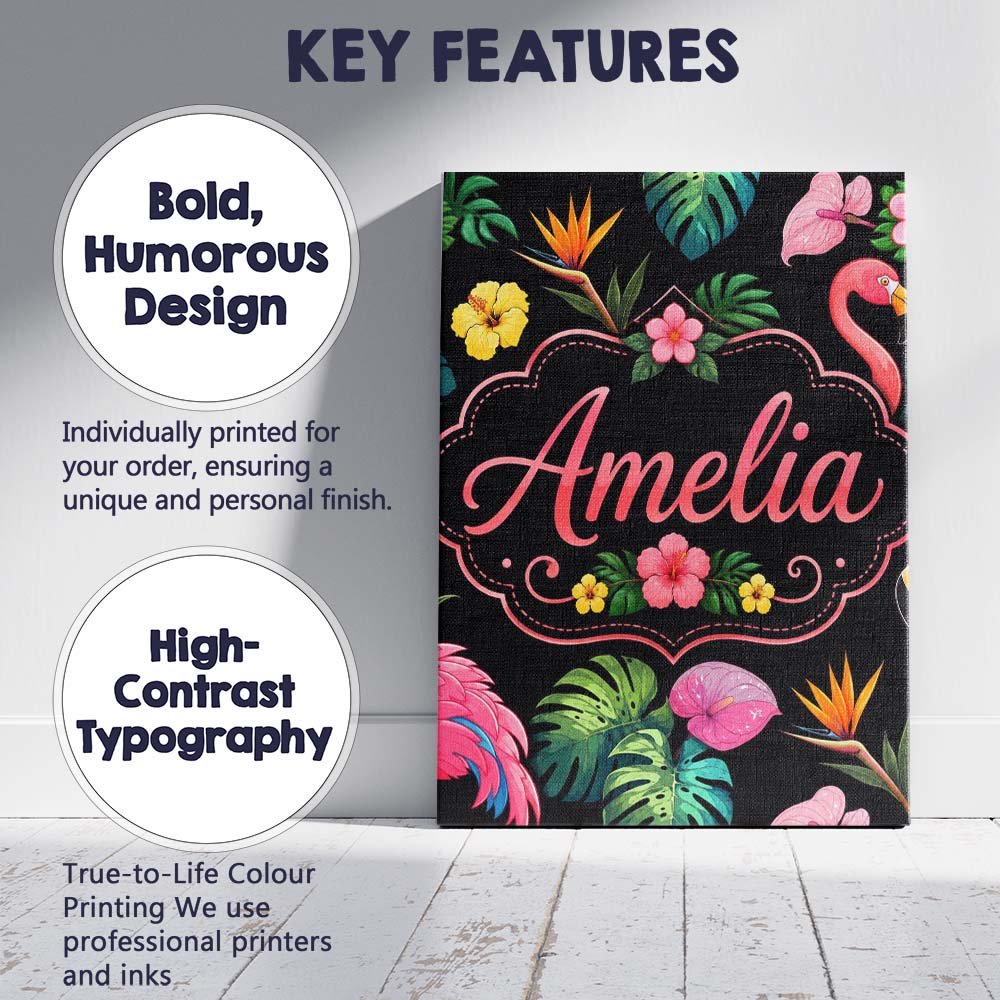 Personalised Name Tropical Flamingo Bird Custom  Unique Gift Idea Elegant Feature Canvas Wall Art Print Decor Picture Ready to Hang