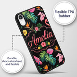 Tropical Flamingo Bird with Exotic Flowers Leaves Custom Name Protective Phone Case Mobile Cover Durable Everyday Smartphone Shock Resistant
