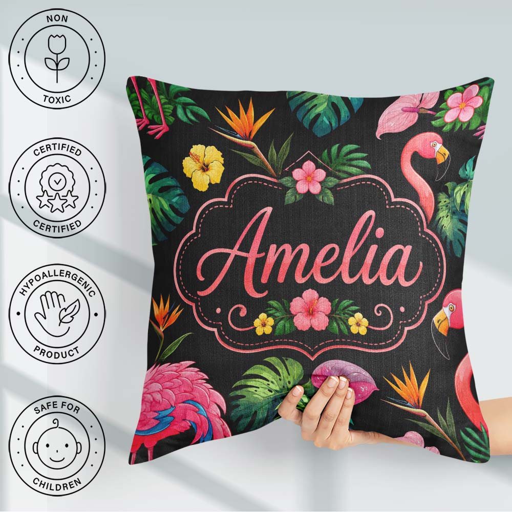 Custom Name Tropical Flamingo Bird Exotic Flowers Leaves Pattern Square Filled Cushion Throw Pillow Sofa Bed Home Decor Zip Washable UK Made