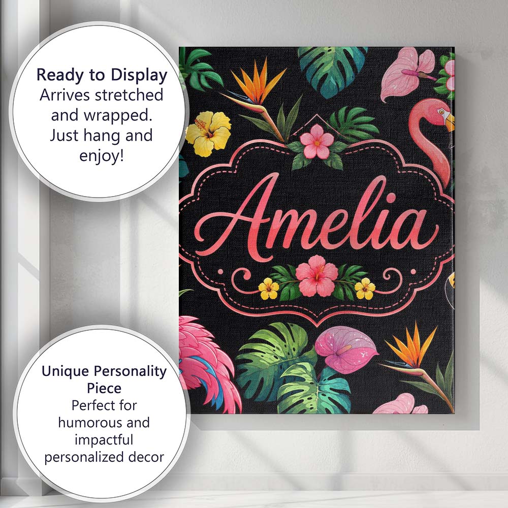 Personalised Name Tropical Flamingo Bird Custom  Unique Gift Idea Elegant Feature Canvas Wall Art Print Decor Picture Ready to Hang