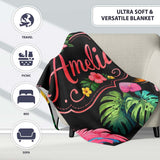 Tropical Flamingo Bird with Exotic Flowers Leaves Pattern Black  Personalised Custom Name Super Soft Fleece Blanket Bed Sofa Throw