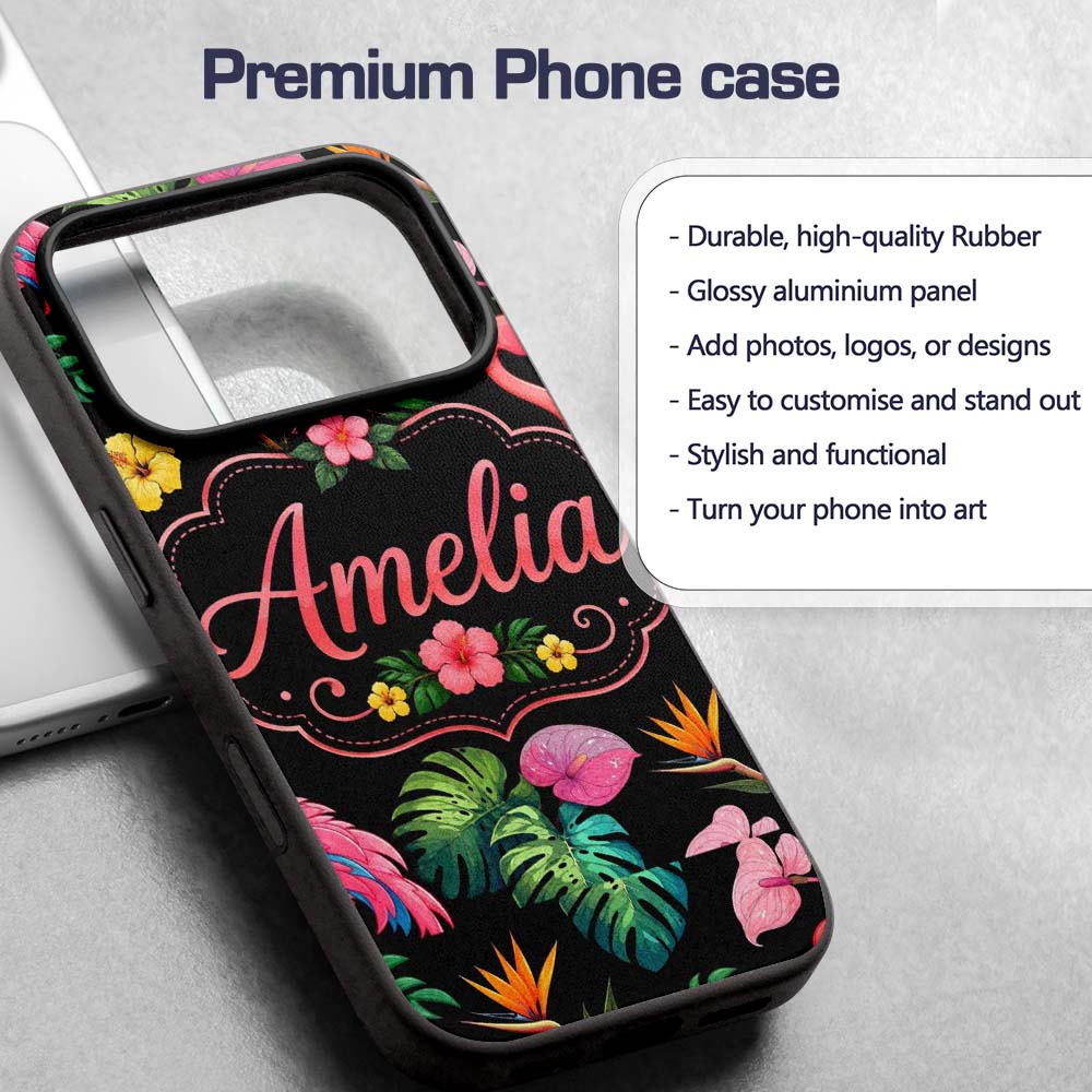 Tropical Flamingo Bird with Exotic Flowers Leaves Custom Name Protective Phone Case Mobile Cover Durable Everyday Smartphone Shock Resistant