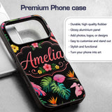 Tropical Flamingo Bird with Exotic Flowers Leaves Custom Name Protective Phone Case Mobile Cover Durable Everyday Smartphone Shock Resistant