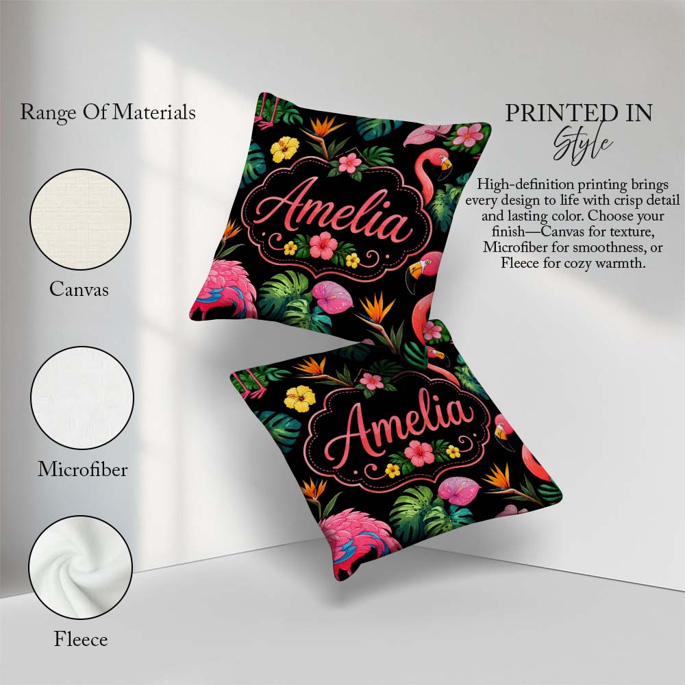 Custom Name Tropical Flamingo Bird Exotic Flowers Leaves Pattern Square Filled Cushion Throw Pillow Sofa Bed Home Decor Zip Washable UK Made