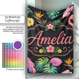 Tropical Flamingo Bird with Exotic Flowers Leaves Pattern Black  Personalised Custom Name Super Soft Fleece Blanket Bed Sofa Throw