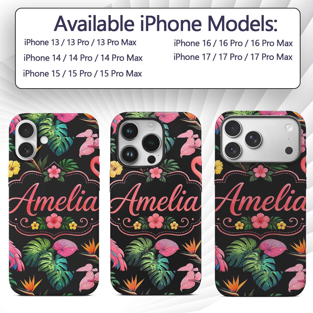 Tropical Flamingo Bird with Exotic Flowers Leaves Custom Name Protective Phone Case Mobile Cover Durable Everyday Smartphone Shock Resistant