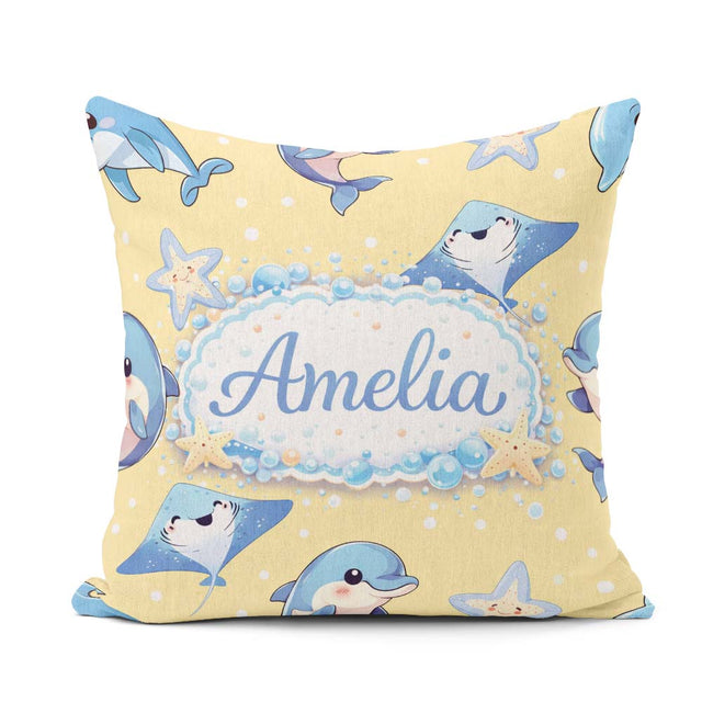 Custom Name Dolphin Stingray Starfish Ocean Sea Life Warm Beige Square Filled Cushion Throw Pillow Sofa Bed Home Decor Zip Washable UK Made