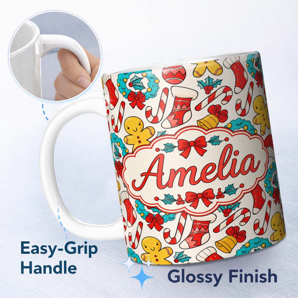 Personalized Custom Name Cute Gingerbread Candy Cane Wreath Stocking Christmas Seamless 11oz Ceramic Coffee Tea Mug White Large Handle
