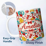 Personalized Custom Name Cute Gingerbread Candy Cane Wreath Stocking Christmas Seamless 11oz Ceramic Coffee Tea Mug White Large Handle