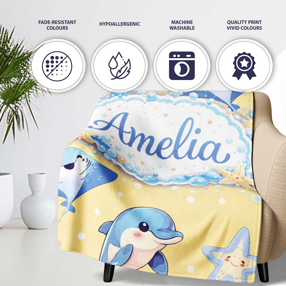 Cute Dolphin Stingray Starfish Ocean Sea Life Warm Beige Background  Personalised Custom Name Super Soft Fleece Blanket Bed Sofa Throw