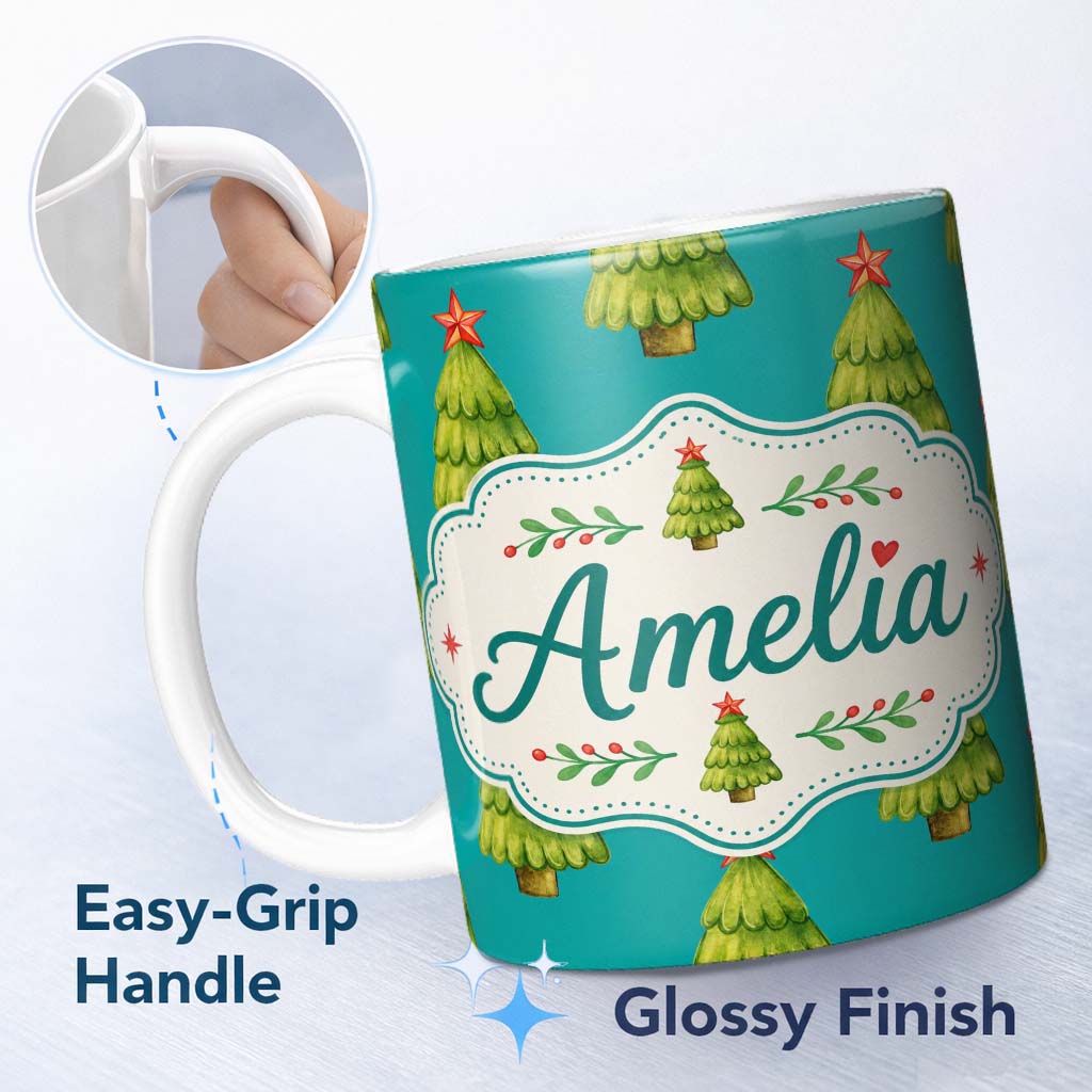 Personalized Custom Name Watercolor Christmas Trees on Teal Background with Red Stars Lovely 11oz Ceramic Coffee Tea Mug White Large Handle