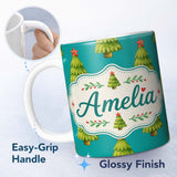 Personalized Custom Name Watercolor Christmas Trees on Teal Background with Red Stars Lovely 11oz Ceramic Coffee Tea Mug White Large Handle