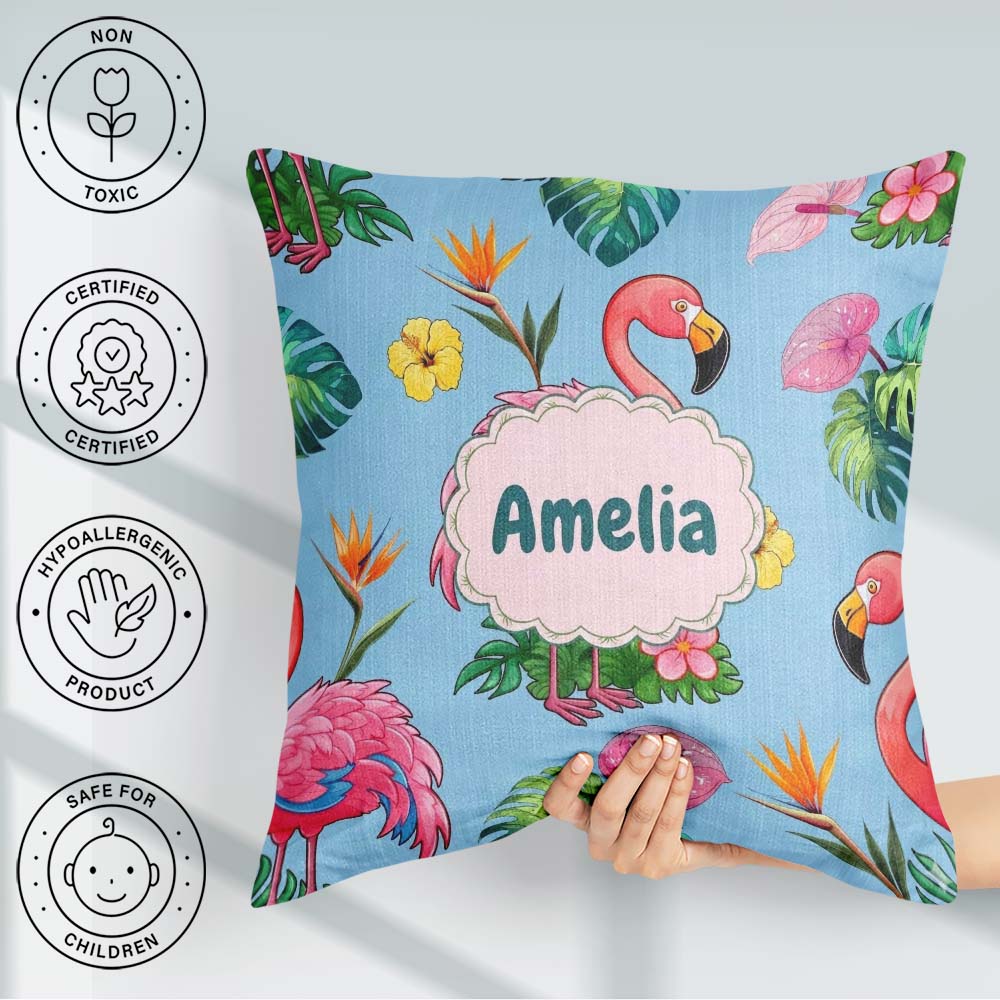 Custom Name Tropical Flamingo Bird Exotic Flowers Leaves Pattern Square Filled Cushion Throw Pillow Sofa Bed Home Decor Zip Washable UK Made
