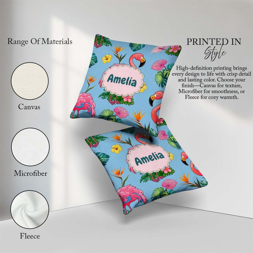 Custom Name Tropical Flamingo Bird Exotic Flowers Leaves Pattern Square Filled Cushion Throw Pillow Sofa Bed Home Decor Zip Washable UK Made