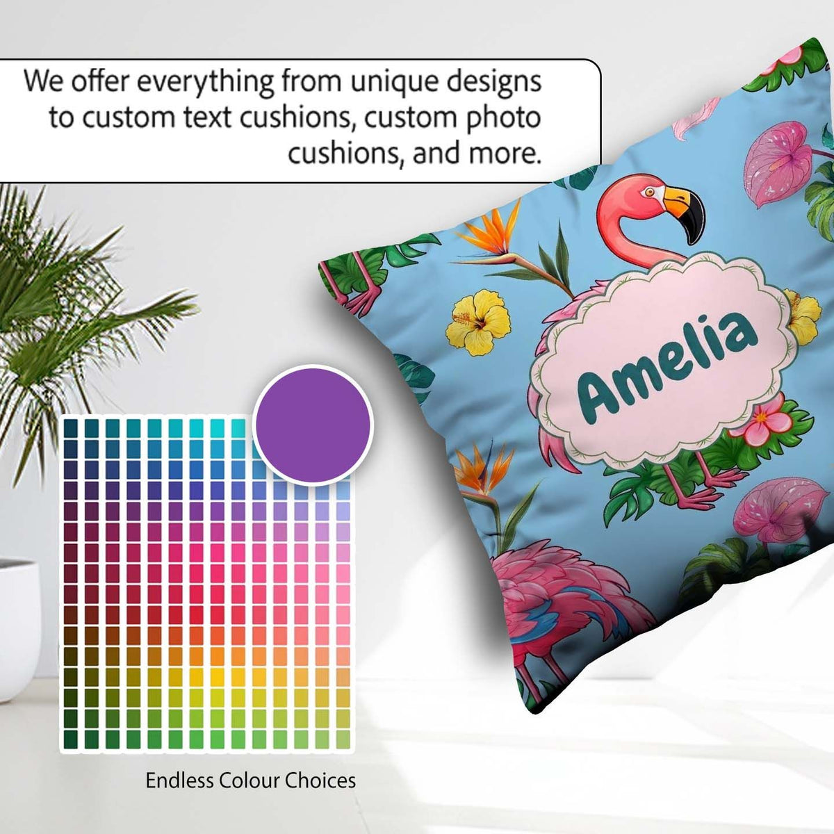 Custom Name Tropical Flamingo Bird Exotic Flowers Leaves Pattern Square Filled Cushion Throw Pillow Sofa Bed Home Decor Zip Washable UK Made