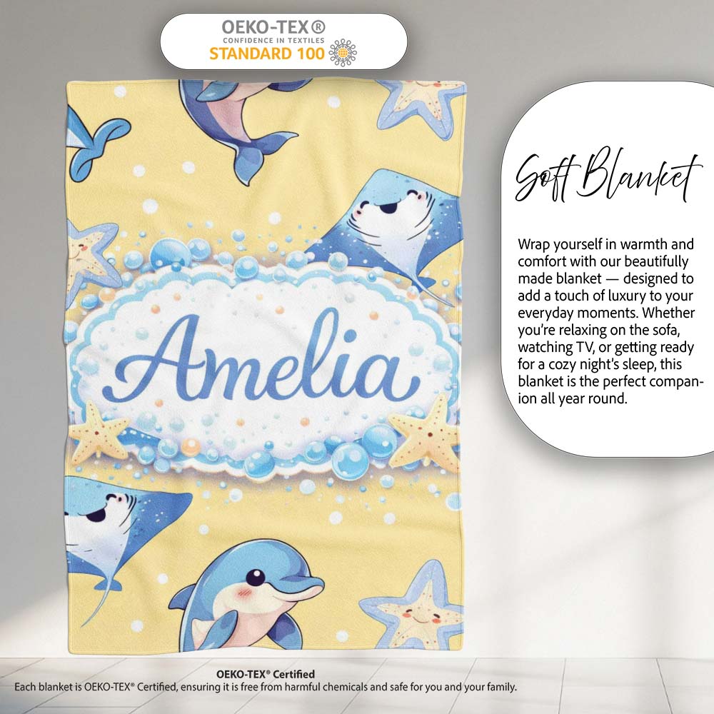 Cute Dolphin Stingray Starfish Ocean Sea Life Warm Beige Background  Personalised Custom Name Super Soft Fleece Blanket Bed Sofa Throw