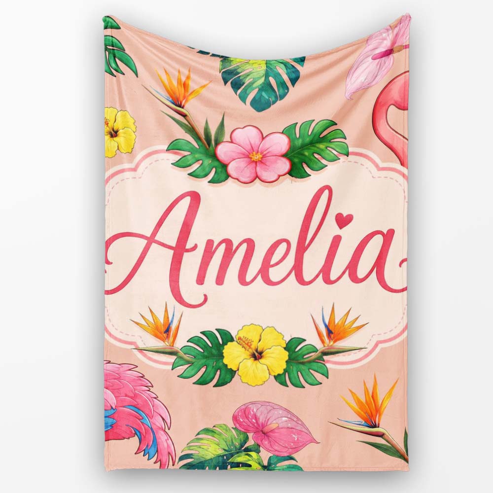 Tropical Flamingo Bird with Exotic Flowers Leaves Pattern Peach  Personalised Custom Name Super Soft Fleece Blanket Bed Sofa Throw