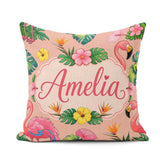 Custom Name Tropical Flamingo Bird Exotic Flowers Leaves Pattern Square Filled Cushion Throw Pillow Sofa Bed Home Decor Zip Washable UK Made