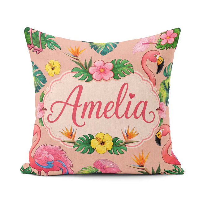 Custom Name Tropical Flamingo Bird Exotic Flowers Leaves Pattern Square Filled Cushion Throw Pillow Sofa Bed Home Decor Zip Washable UK Made