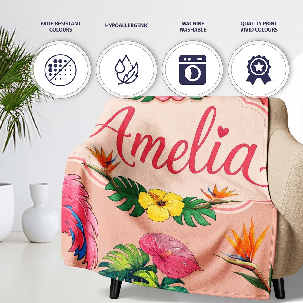 Tropical Flamingo Bird with Exotic Flowers Leaves Pattern Peach  Personalised Custom Name Super Soft Fleece Blanket Bed Sofa Throw