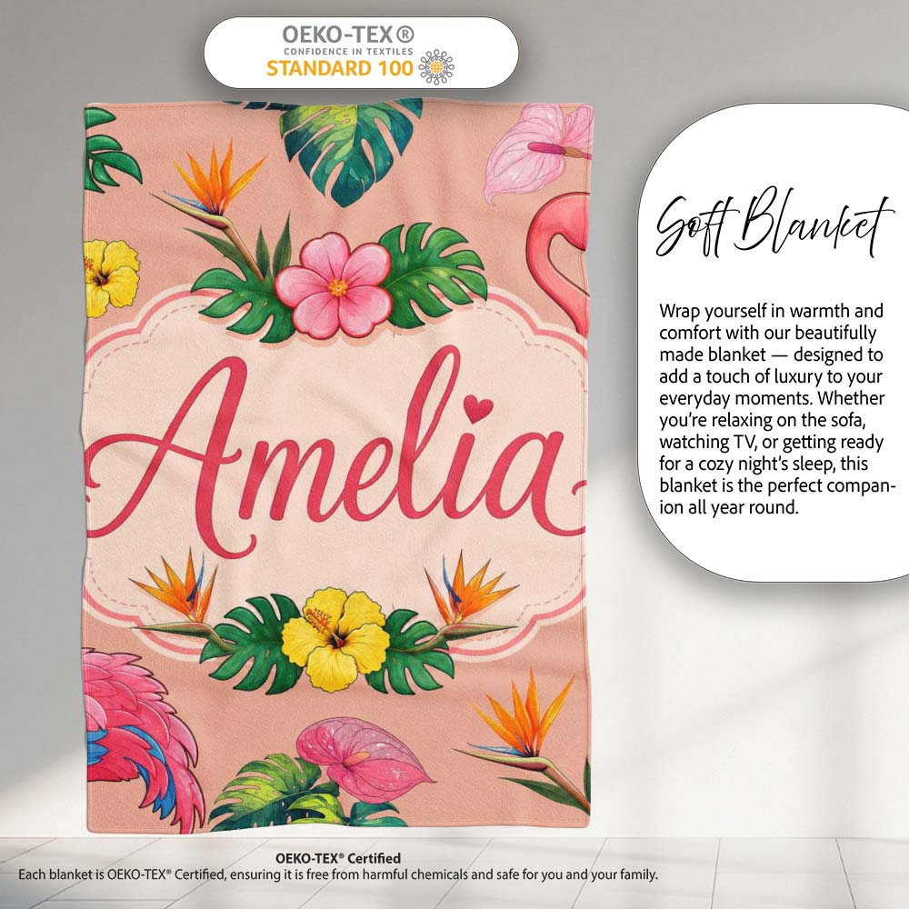 Tropical Flamingo Bird with Exotic Flowers Leaves Pattern Peach  Personalised Custom Name Super Soft Fleece Blanket Bed Sofa Throw