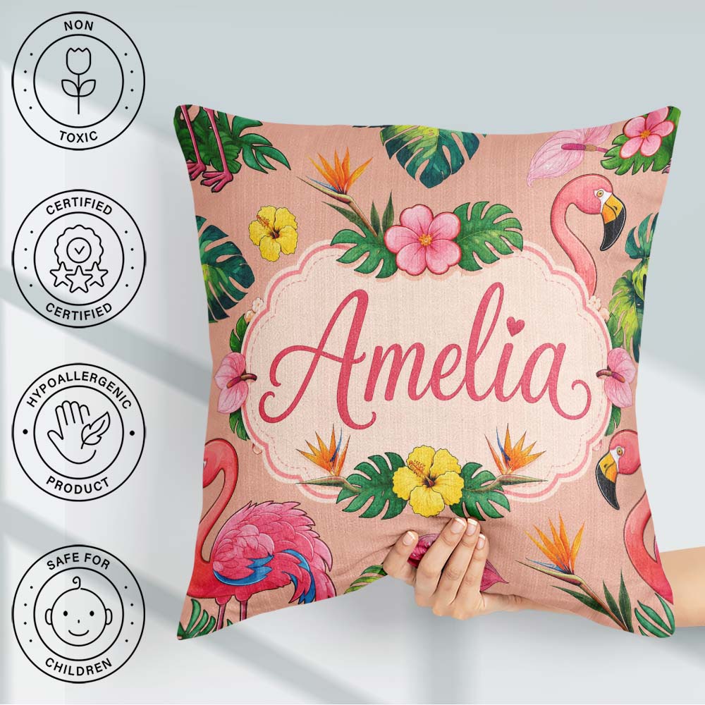 Custom Name Tropical Flamingo Bird Exotic Flowers Leaves Pattern Square Filled Cushion Throw Pillow Sofa Bed Home Decor Zip Washable UK Made