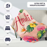 Tropical Flamingo Bird with Exotic Flowers Leaves Pattern Peach  Personalised Custom Name Super Soft Fleece Blanket Bed Sofa Throw