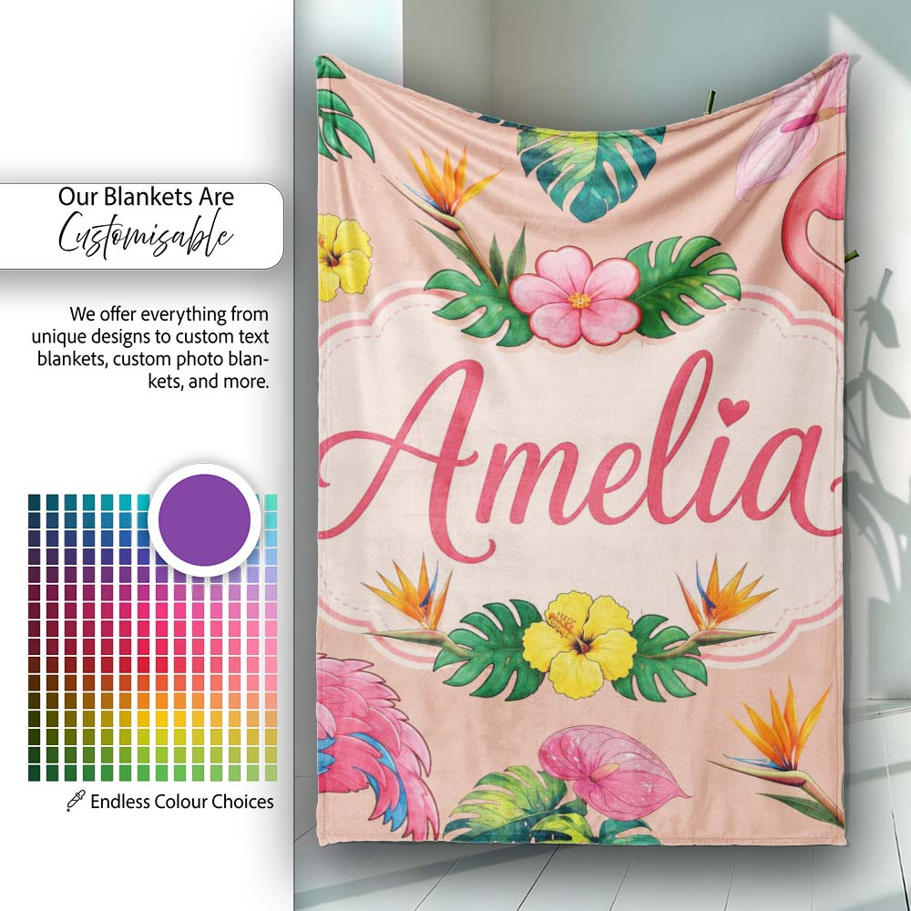 Tropical Flamingo Bird with Exotic Flowers Leaves Pattern Peach  Personalised Custom Name Super Soft Fleece Blanket Bed Sofa Throw