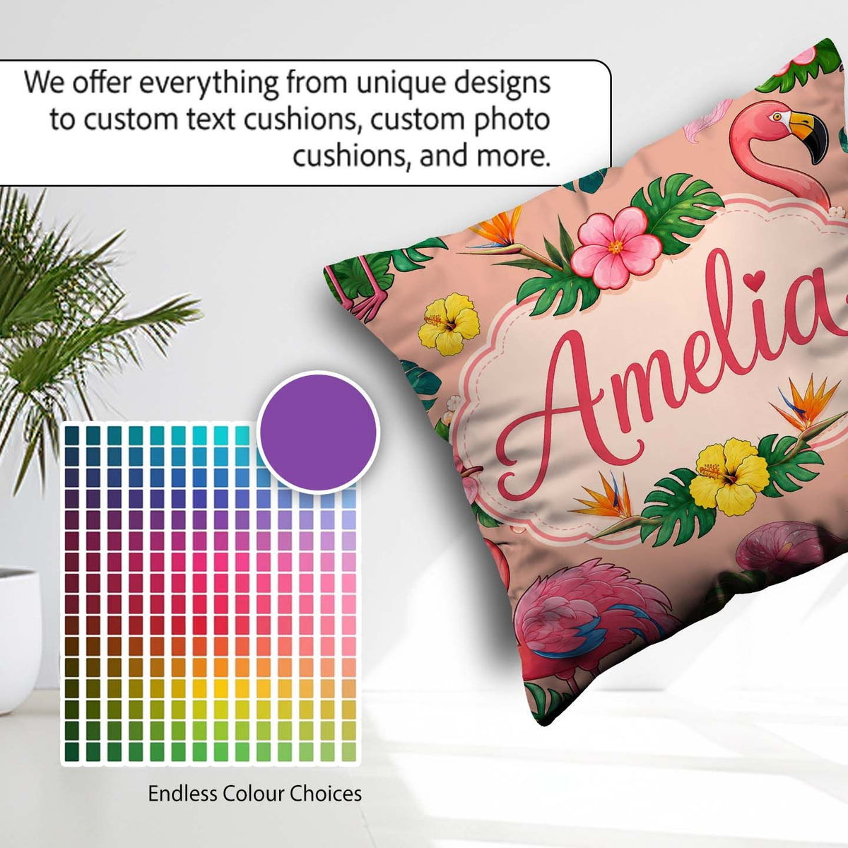 Custom Name Tropical Flamingo Bird Exotic Flowers Leaves Pattern Square Filled Cushion Throw Pillow Sofa Bed Home Decor Zip Washable UK Made