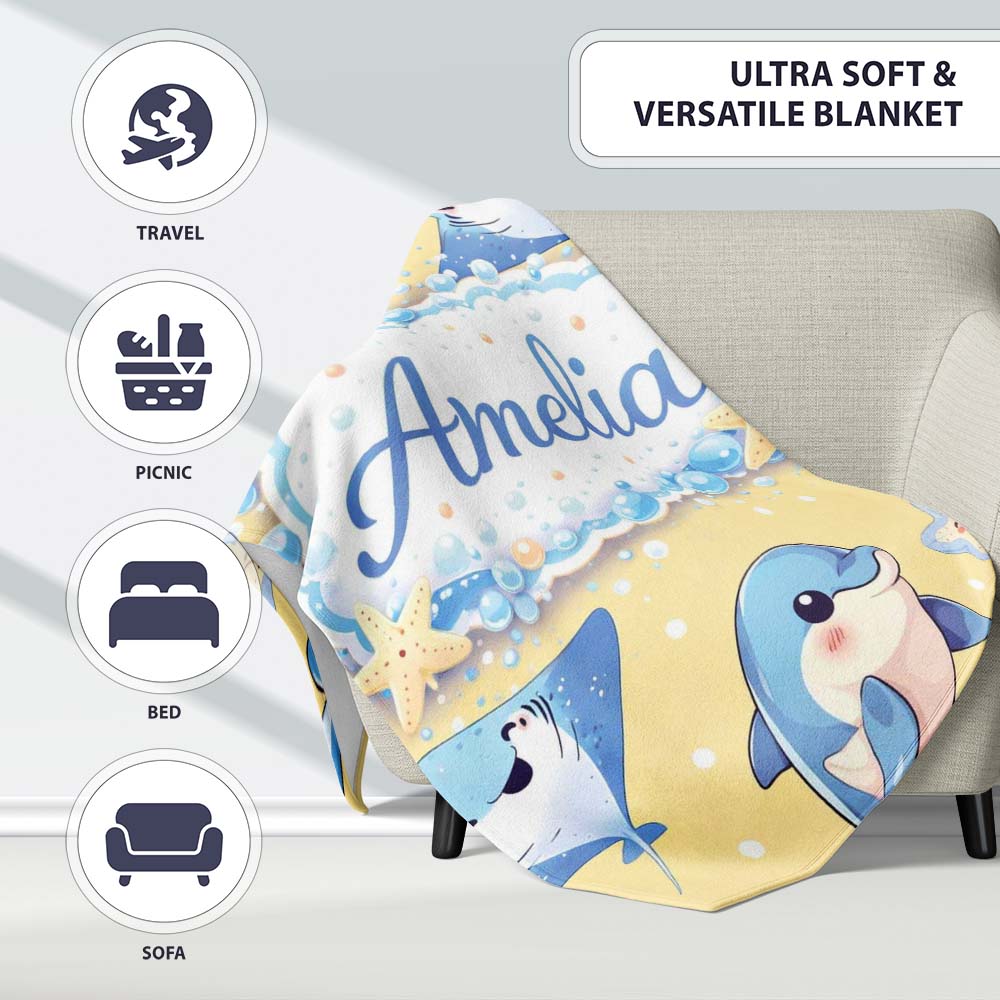 Cute Dolphin Stingray Starfish Ocean Sea Life Warm Beige Background  Personalised Custom Name Super Soft Fleece Blanket Bed Sofa Throw
