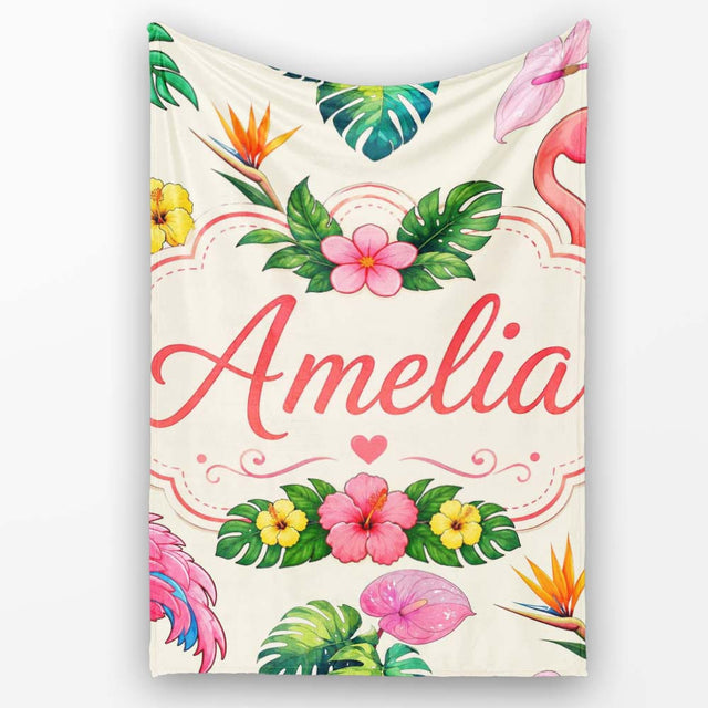 Tropical Flamingo Bird with Exotic Flowers Leaves Pattern Cream  Personalised Custom Name Super Soft Fleece Blanket Bed Sofa Throw