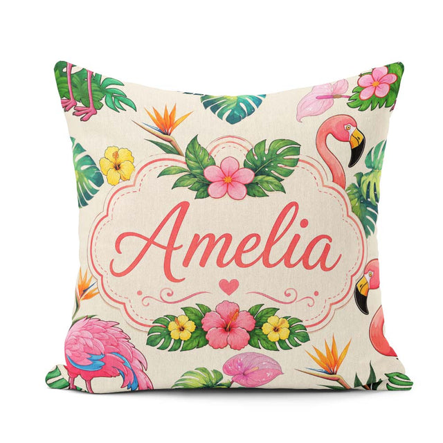 Custom Name Tropical Flamingo Bird Exotic Flowers Leaves Pattern Square Filled Cushion Throw Pillow Sofa Bed Home Decor Zip Washable UK Made