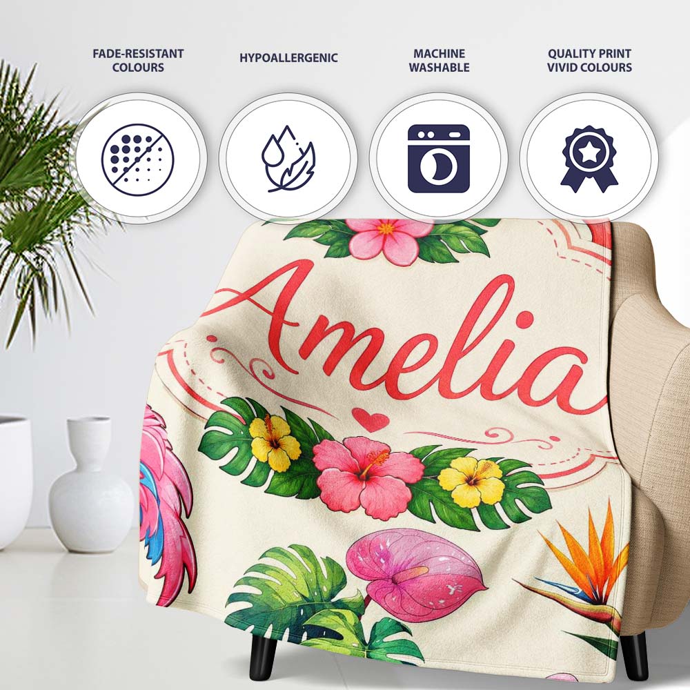 Tropical Flamingo Bird with Exotic Flowers Leaves Pattern Cream  Personalised Custom Name Super Soft Fleece Blanket Bed Sofa Throw