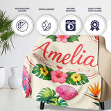 Tropical Flamingo Bird with Exotic Flowers Leaves Pattern Cream  Personalised Custom Name Super Soft Fleece Blanket Bed Sofa Throw