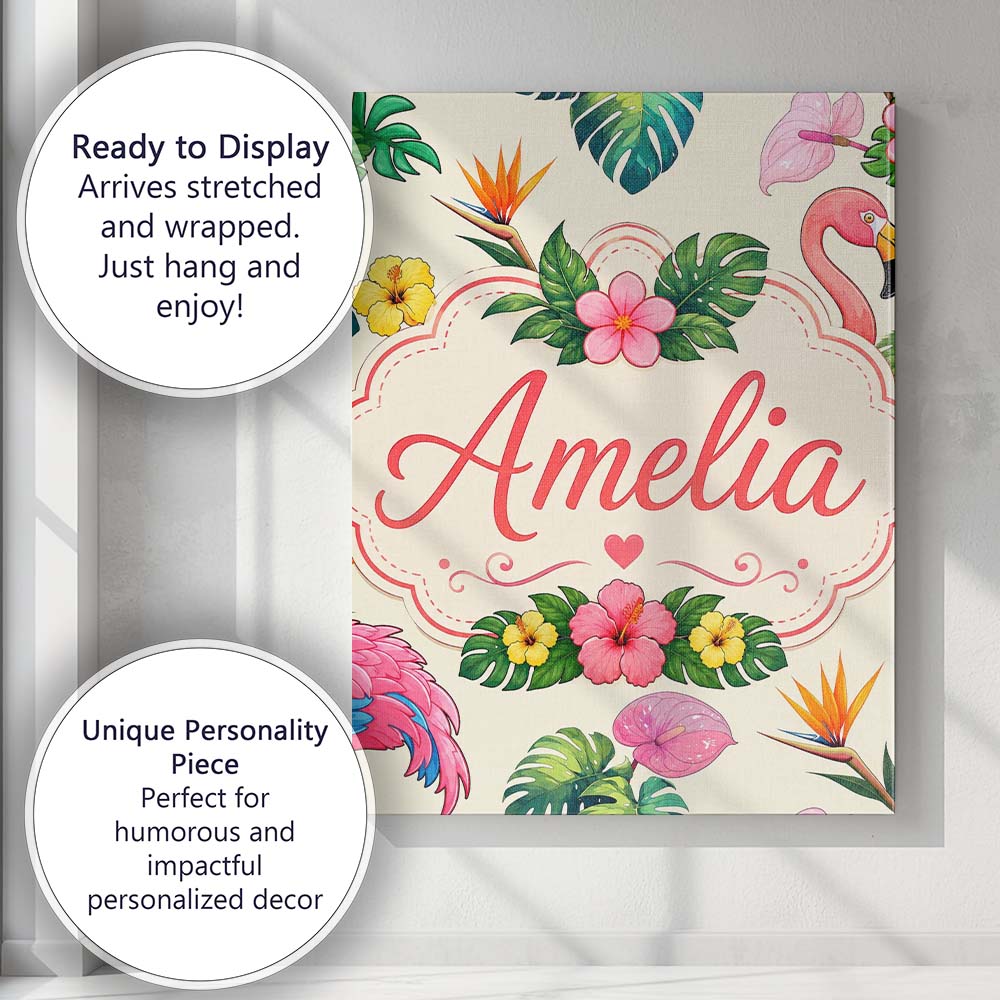 Personalised Name Tropical Flamingo Bird Custom  Unique Gift Idea Elegant Feature Canvas Wall Art Print Decor Picture Ready to Hang