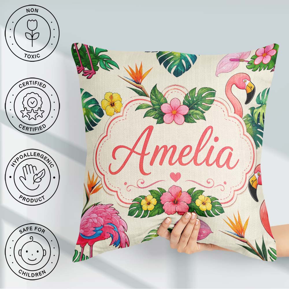 Custom Name Tropical Flamingo Bird Exotic Flowers Leaves Pattern Square Filled Cushion Throw Pillow Sofa Bed Home Decor Zip Washable UK Made