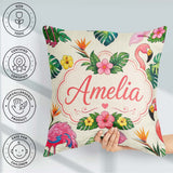 Custom Name Tropical Flamingo Bird Exotic Flowers Leaves Pattern Square Filled Cushion Throw Pillow Sofa Bed Home Decor Zip Washable UK Made