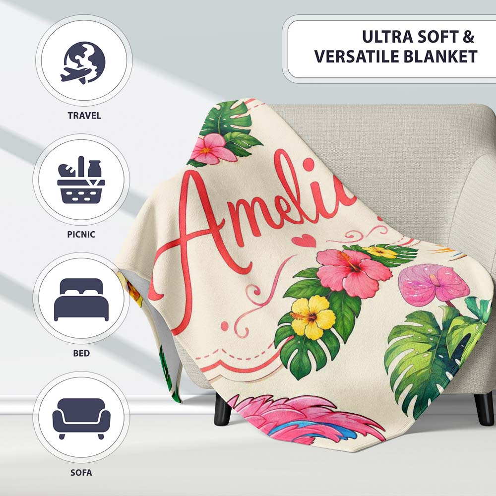 Tropical Flamingo Bird with Exotic Flowers Leaves Pattern Cream  Personalised Custom Name Super Soft Fleece Blanket Bed Sofa Throw