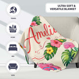 Tropical Flamingo Bird with Exotic Flowers Leaves Pattern Cream  Personalised Custom Name Super Soft Fleece Blanket Bed Sofa Throw