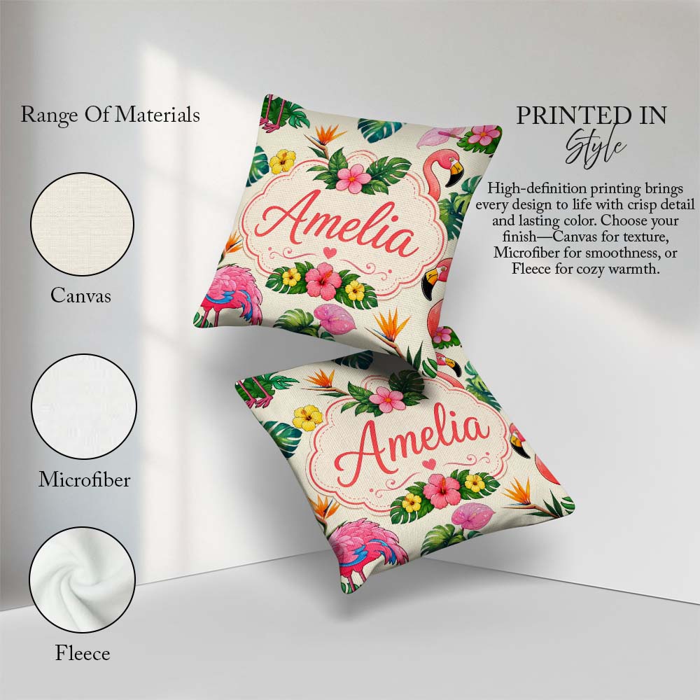 Custom Name Tropical Flamingo Bird Exotic Flowers Leaves Pattern Square Filled Cushion Throw Pillow Sofa Bed Home Decor Zip Washable UK Made