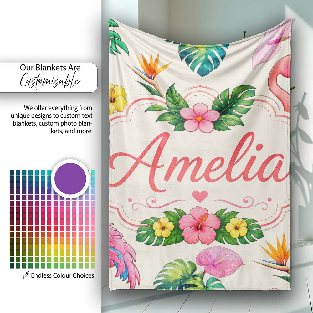 Tropical Flamingo Bird with Exotic Flowers Leaves Pattern Cream  Personalised Custom Name Super Soft Fleece Blanket Bed Sofa Throw