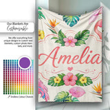 Tropical Flamingo Bird with Exotic Flowers Leaves Pattern Cream  Personalised Custom Name Super Soft Fleece Blanket Bed Sofa Throw