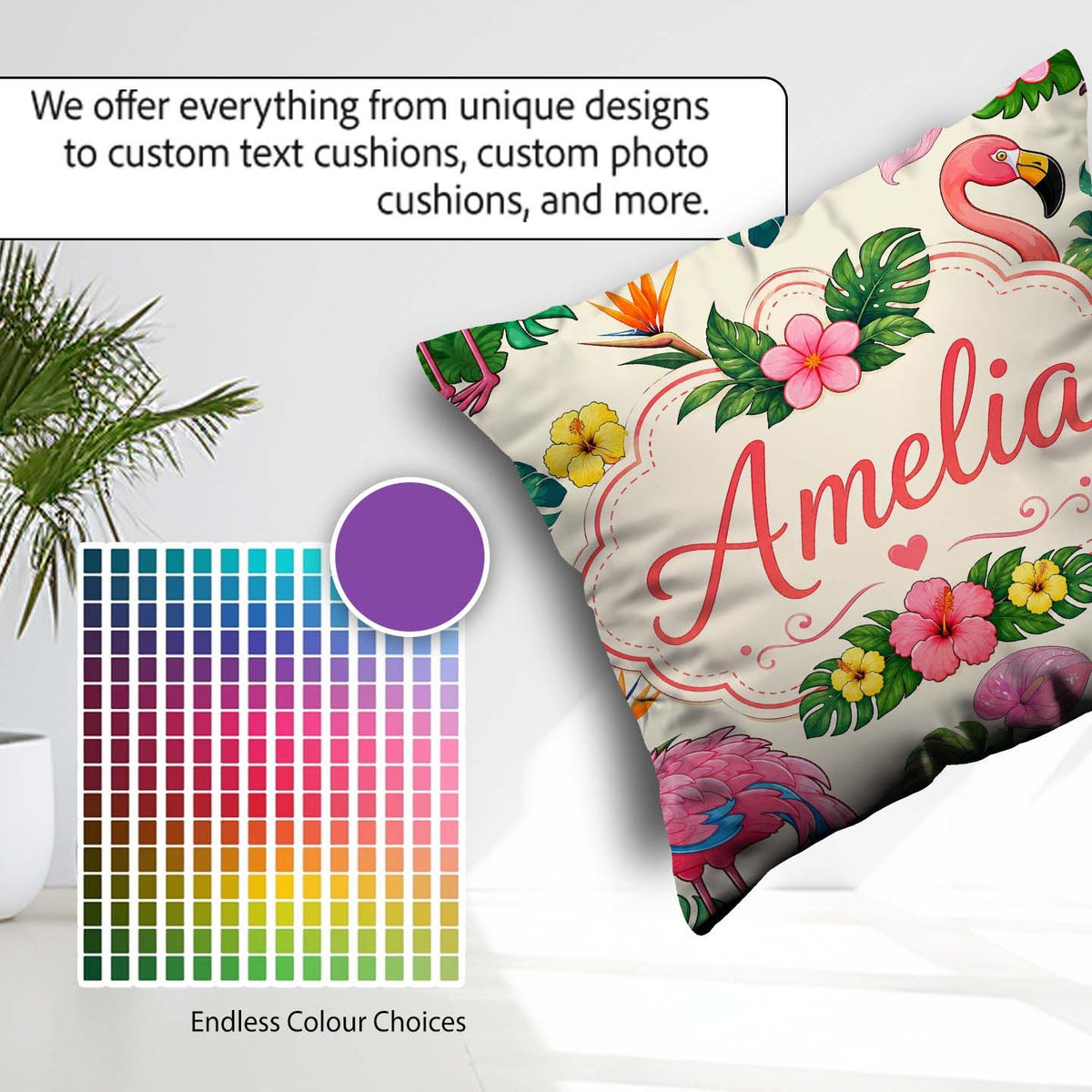 Custom Name Tropical Flamingo Bird Exotic Flowers Leaves Pattern Square Filled Cushion Throw Pillow Sofa Bed Home Decor Zip Washable UK Made