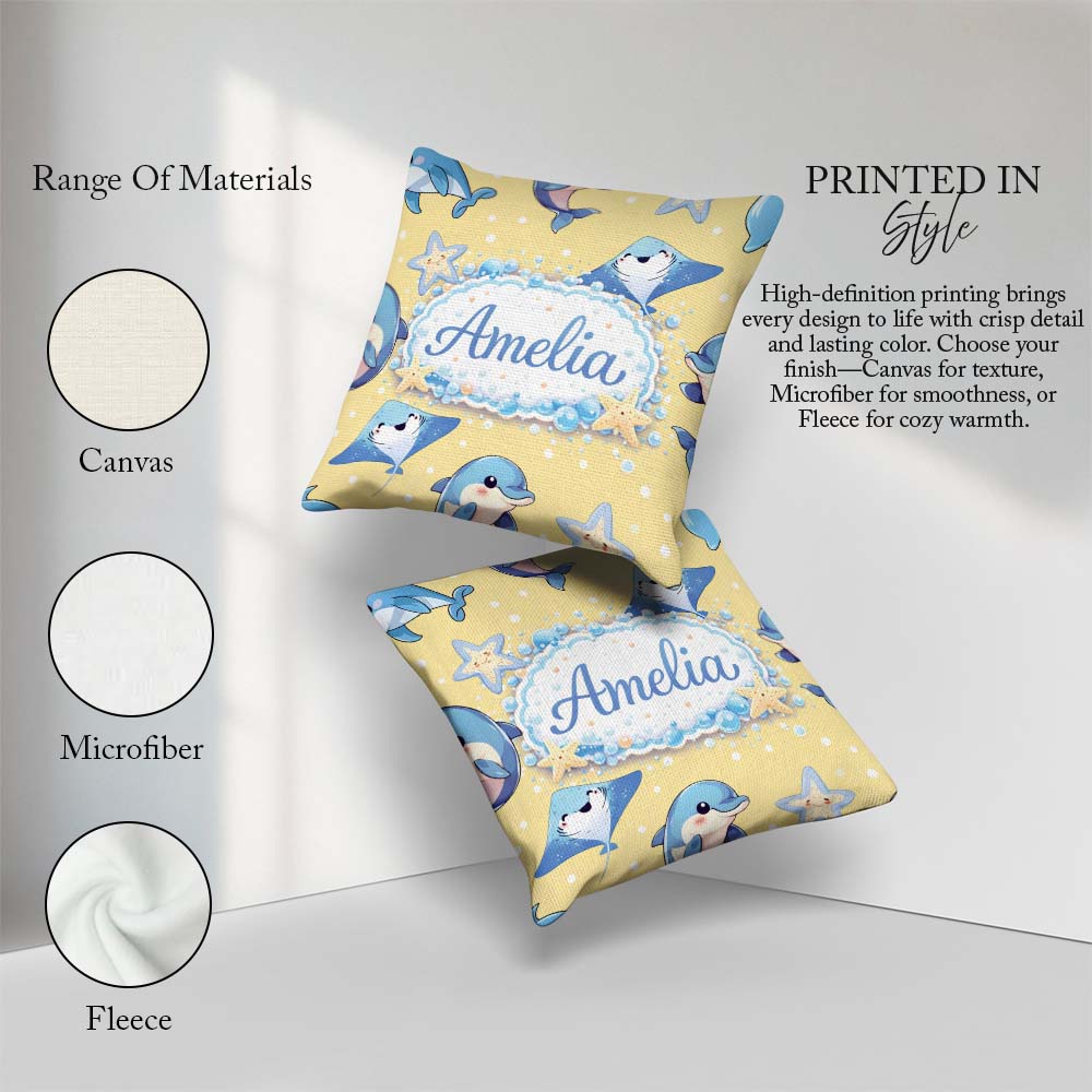 Custom Name Dolphin Stingray Starfish Ocean Sea Life Warm Beige Square Filled Cushion Throw Pillow Sofa Bed Home Decor Zip Washable UK Made