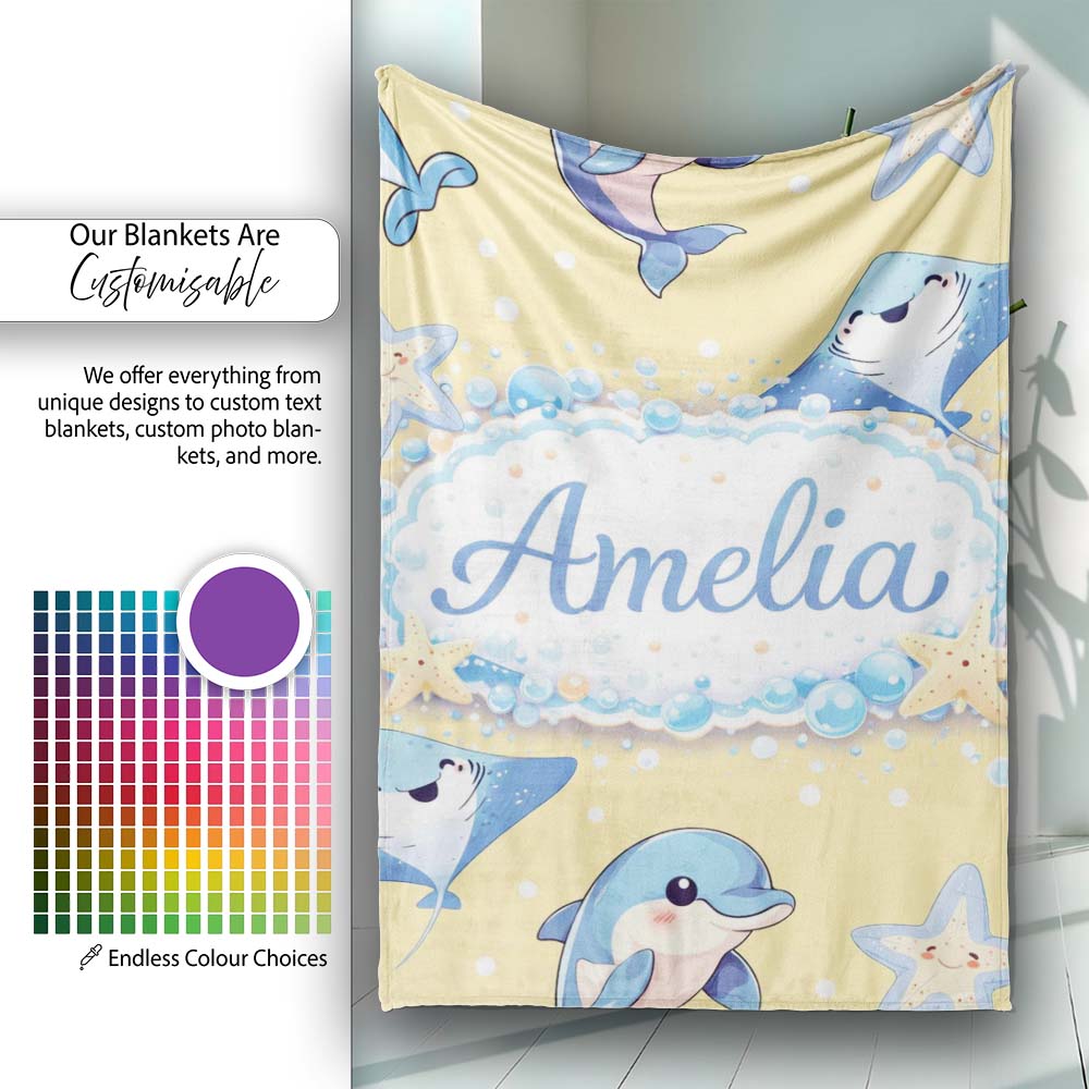 Cute Dolphin Stingray Starfish Ocean Sea Life Warm Beige Background  Personalised Custom Name Super Soft Fleece Blanket Bed Sofa Throw